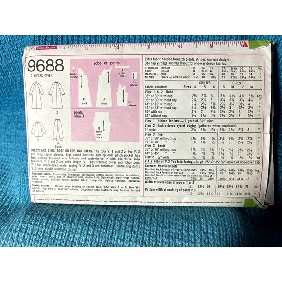 Simplicity 9688 pattern kids pajamas and robe size 14 - Picture 3 of 5